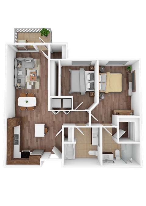 A 3D floor plan of a small apartment with a kitchen, living room, and bedrooms.